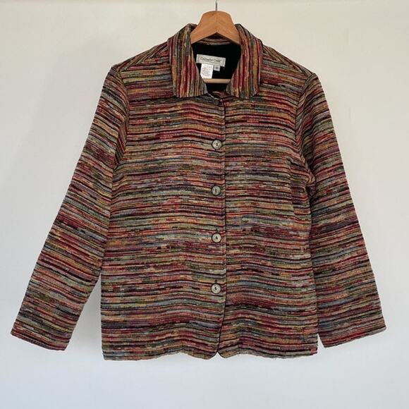 Vtg 90's Neutral Striped Woven Jacquard Button Up Collared Jacket Sz S Minimal - Picture 1 of 10